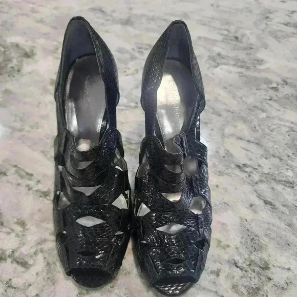 Calvin Klein Womens Snakeskin Leather High Heel Sandals Black Size 7M - Picture 2 of 7